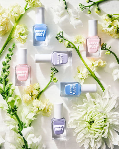 Six-piece nail polish bundle featuring crème and jelly pastels from Happy Rudy's Selfcare Spring collection