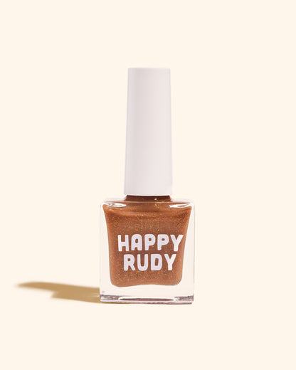 Caramel brown nail polish with gold eco-friendly glitter from the Masquerade Collection.